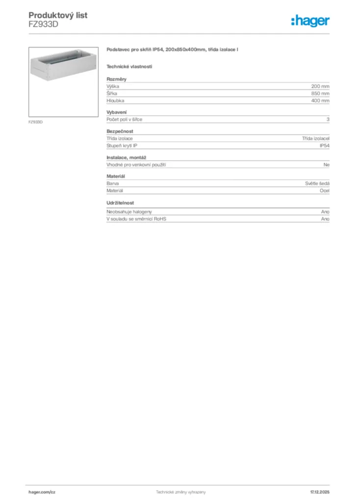 Obrázek Hager Produktový list FZ933D | Hager