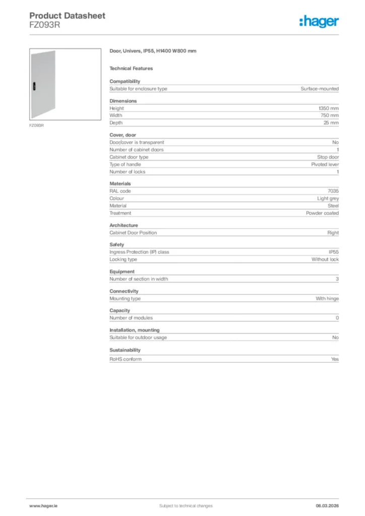 Image Hager Product data sheet FZ093R  | Hager