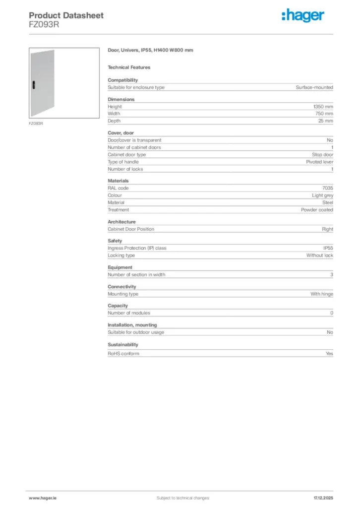 Image Hager Product data sheet FZ093R  | Hager