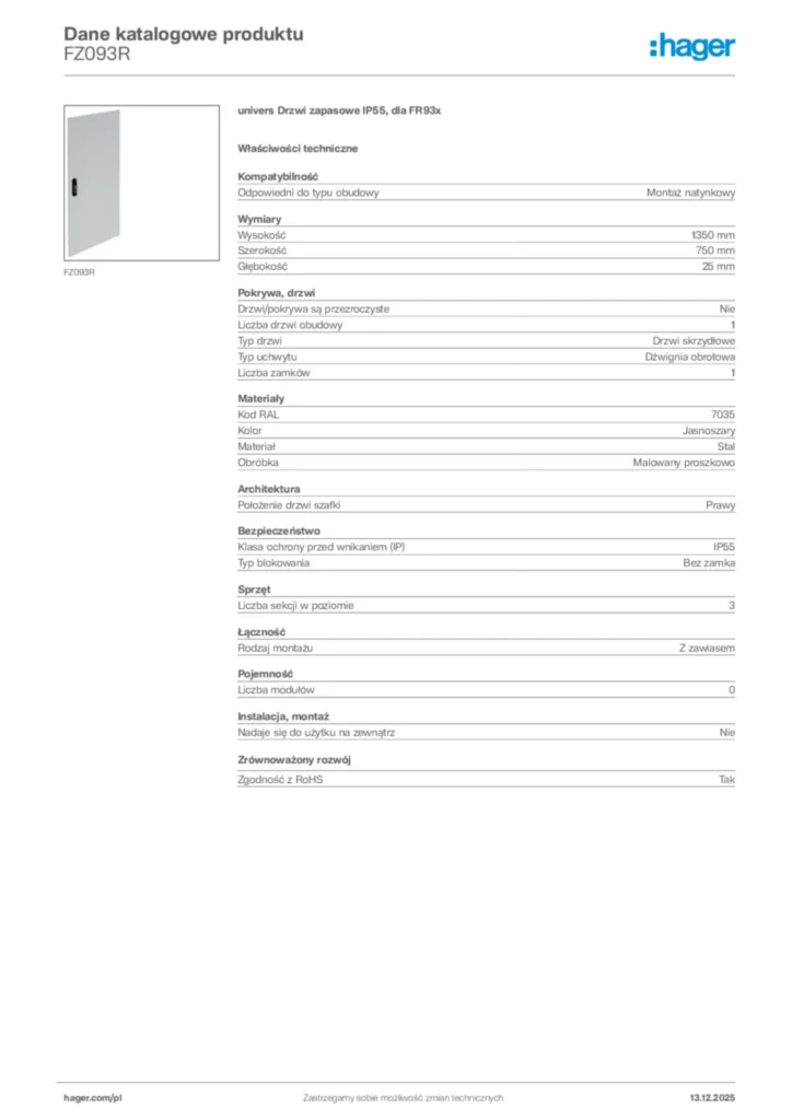 Zdjęcie Hager Karta katalogowa FZ093R | Hager Polska