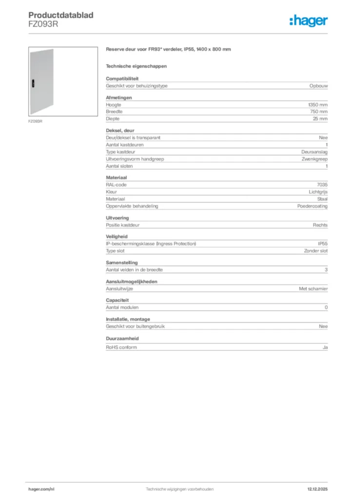 Afbeelding Hager Productdatablad FZ093R | Hager Nederland