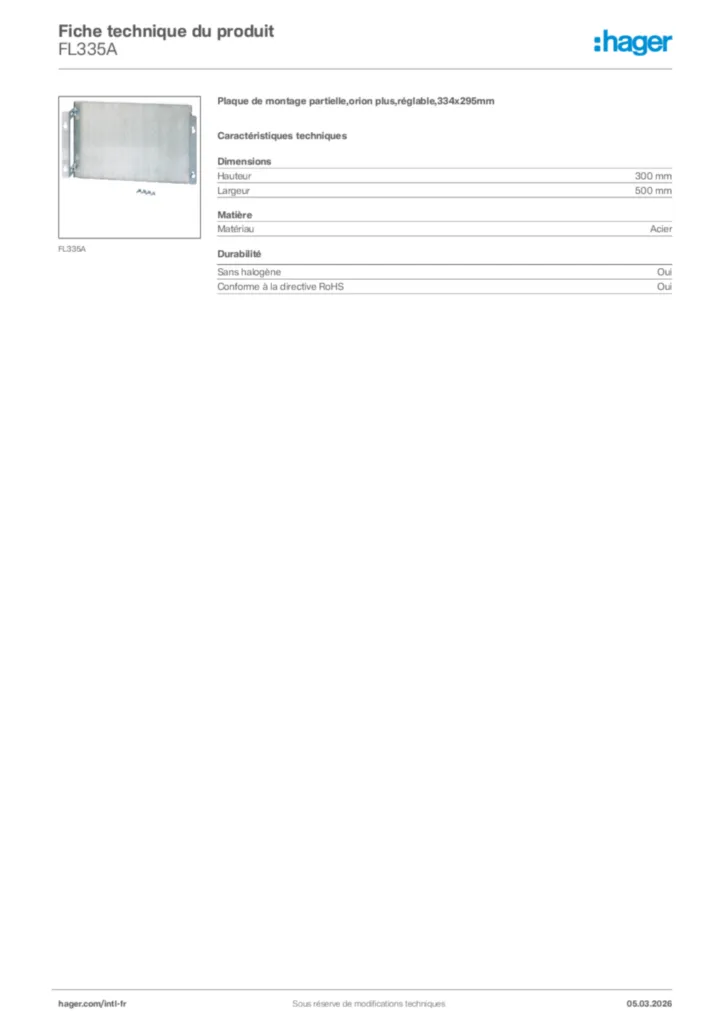 Image Hager Fiche technique du produit FL335A | Hager Afrique