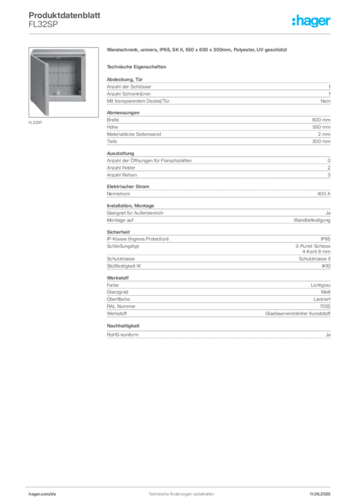 Bild Hager Produktdatenblatt FL32SP | Hager Deutschland