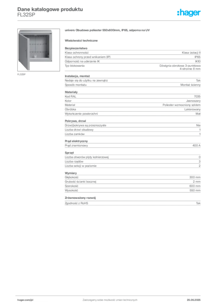 Zdjęcie Hager Karta katalogowa FL32SP | Hager Polska