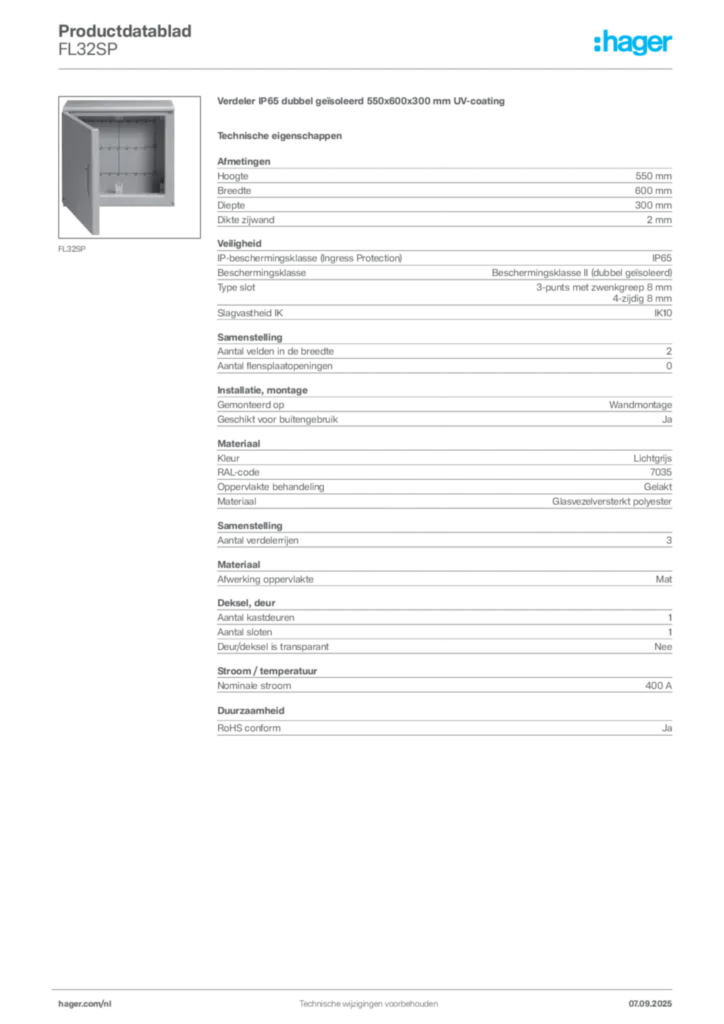 Afbeelding Hager Productdatablad FL32SP | Hager Nederland