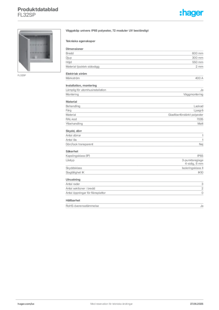 Bild Hager Produktdatablad FL32SP | Hager Sverige