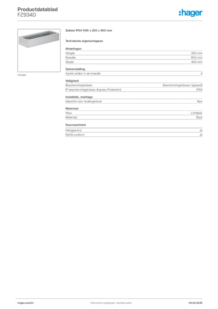 Afbeelding Hager Productdatablad FZ934D | Hager Nederland