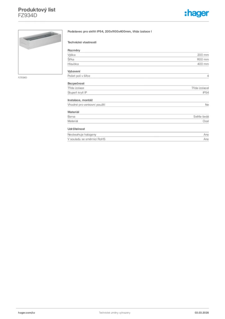 Obrázek Hager Product data sheet FZ934D | Hager