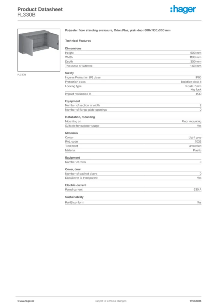Image Hager Product data sheet FL330B  | Hager