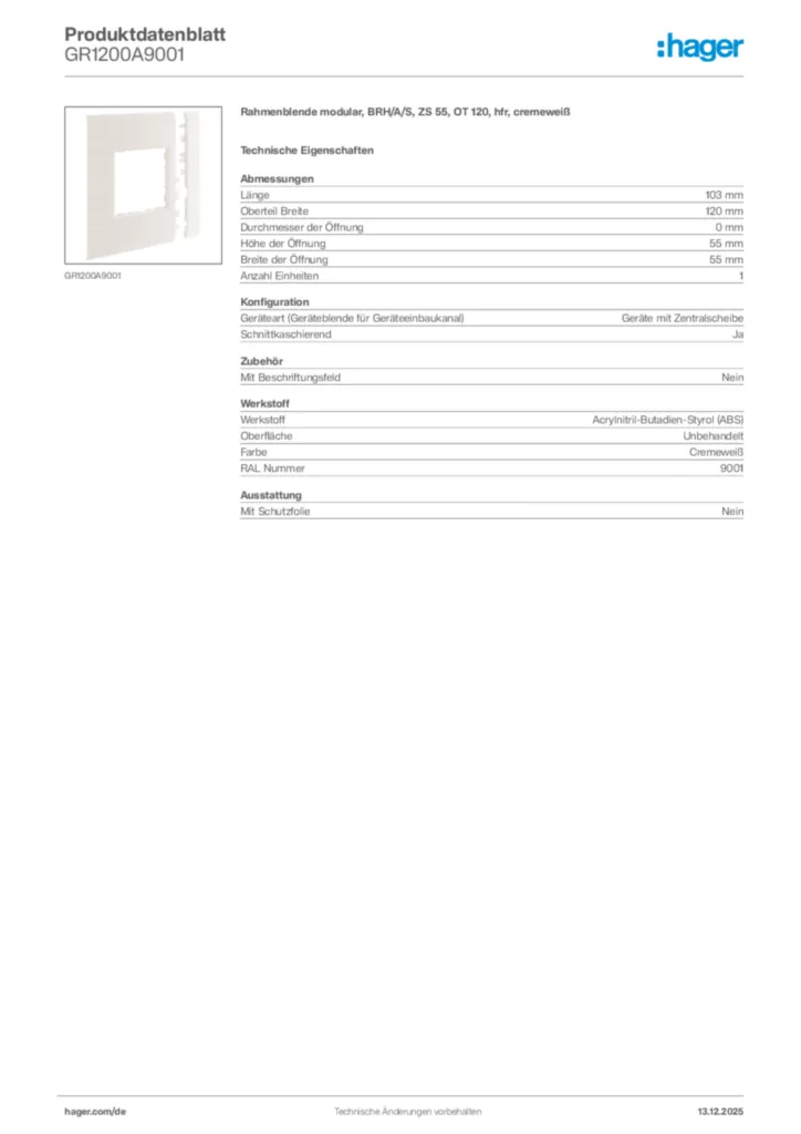 Bild Hager Produktdatenblatt GR1200A9001 | Hager Deutschland