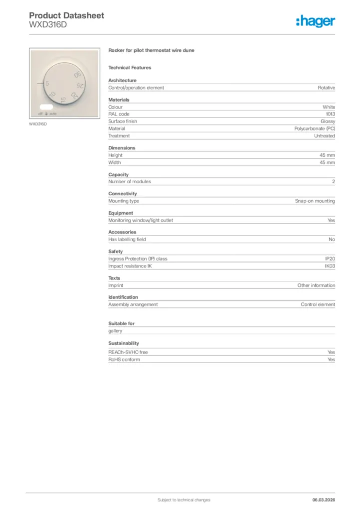 Image Hager Product data sheet WXD316D  | Hager Africa