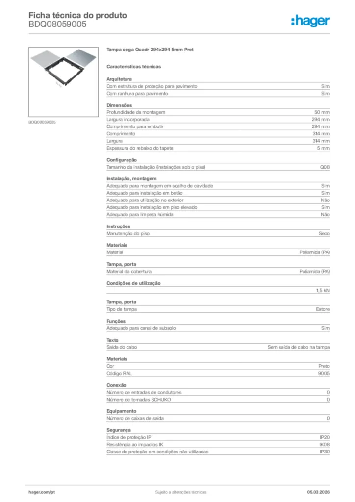 Imagem Hager Ficha técnica do produto BDQ08059005 | Hager Portugal