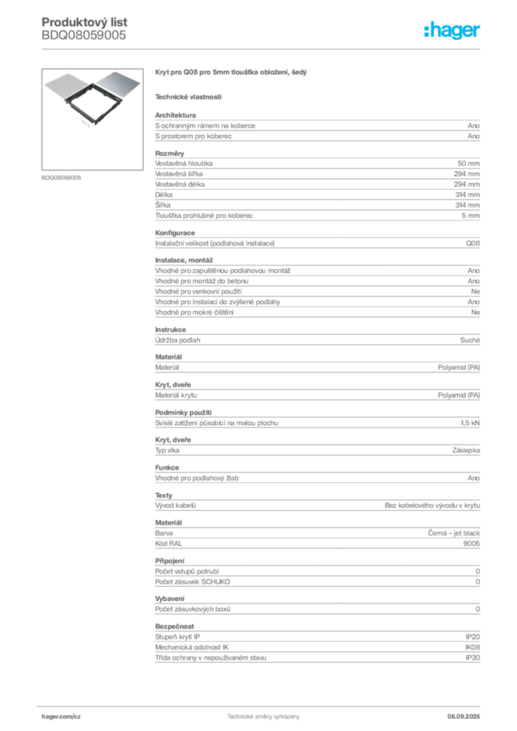 Obrázek Hager Produktový list BDQ08059005 | Hager