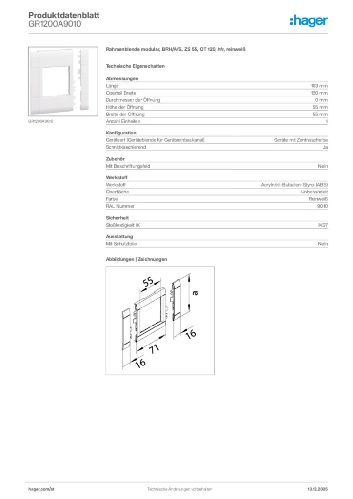 Bild Hager Produktdatenblatt GR1200A9010 | Hager Deutschland