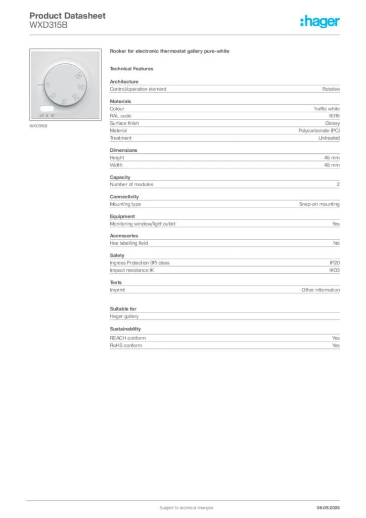 Image Hager Product data sheet WXD315B  | Hager Africa