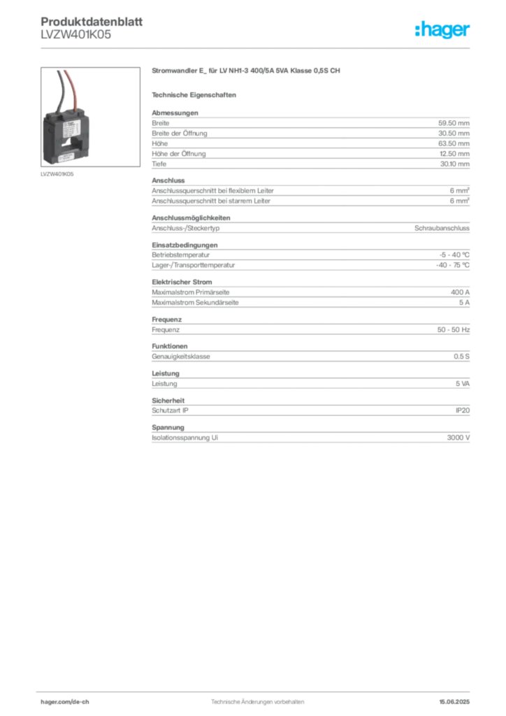 Bild Hager Produktdatenblatt LVZW401K05 | Hager Schweiz