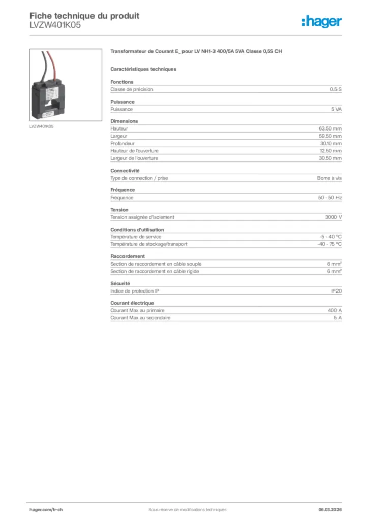 Image Hager Fiche technique du produit LVZW401K05 | Hager Suisse