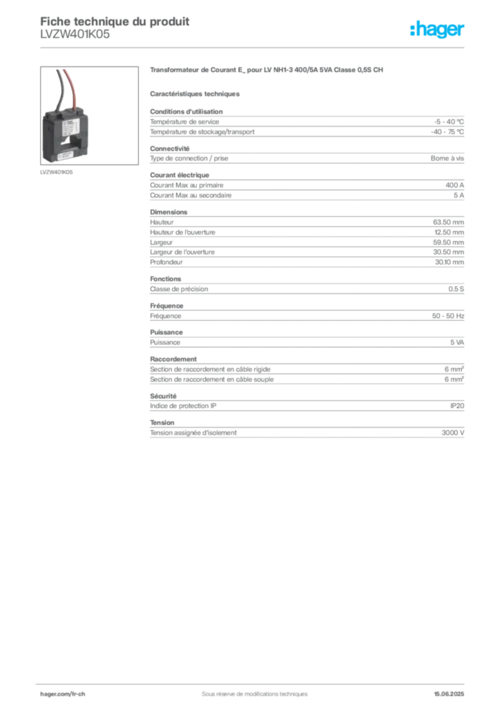 Image Hager Fiche technique du produit LVZW401K05 | Hager Suisse