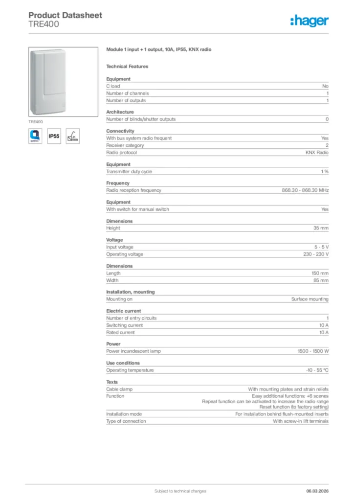 Image Hager Product data sheet TRE400  | Hager Africa