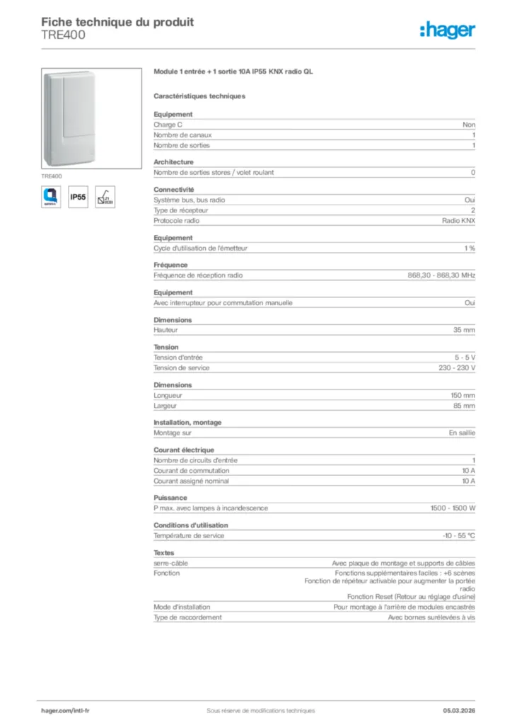 Image Hager Fiche technique du produit TRE400 | Hager Afrique