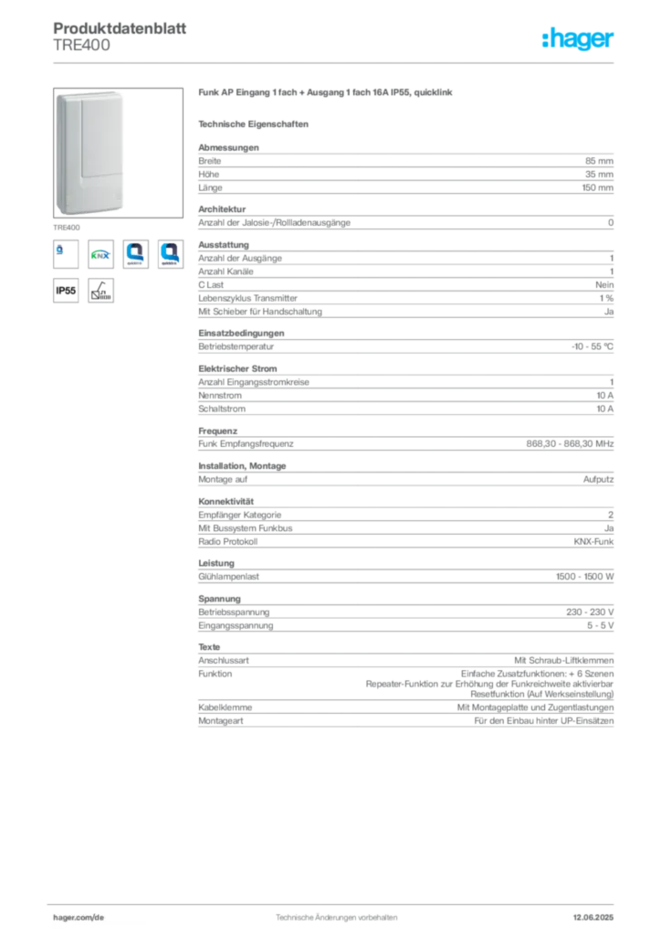 Hager Produktdatenblatt TRE400