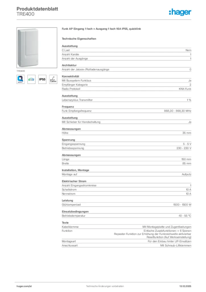 Bild Hager Produktdatenblatt TRE400 | Hager Deutschland