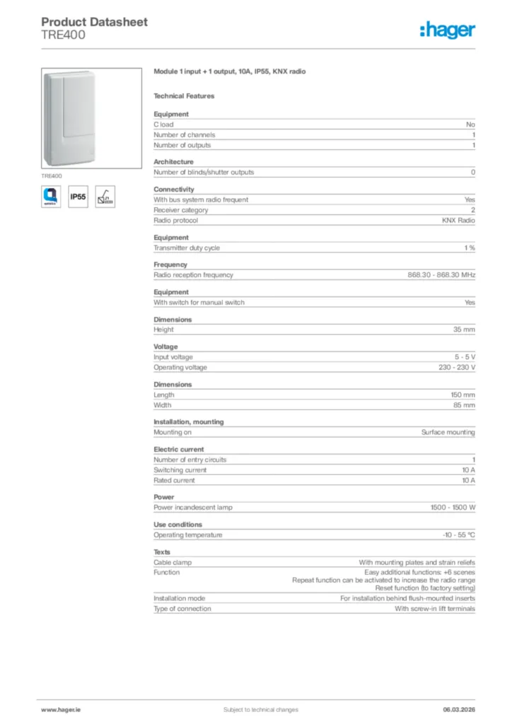Image Hager Product data sheet TRE400  | Hager