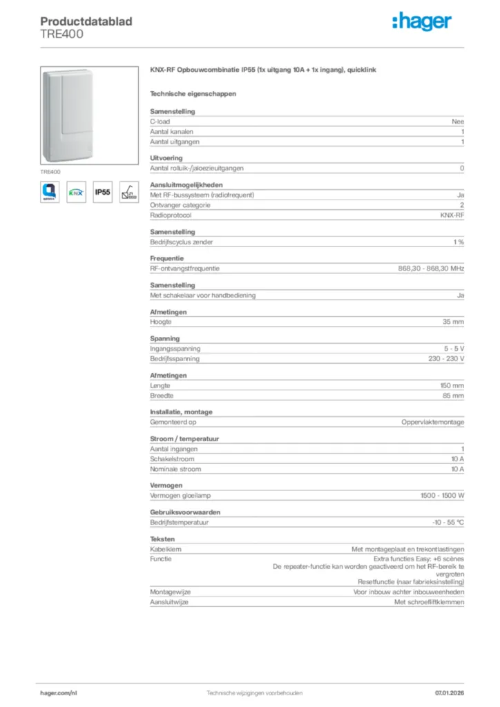 Afbeelding Hager Productdatablad TRE400 | Hager Nederland