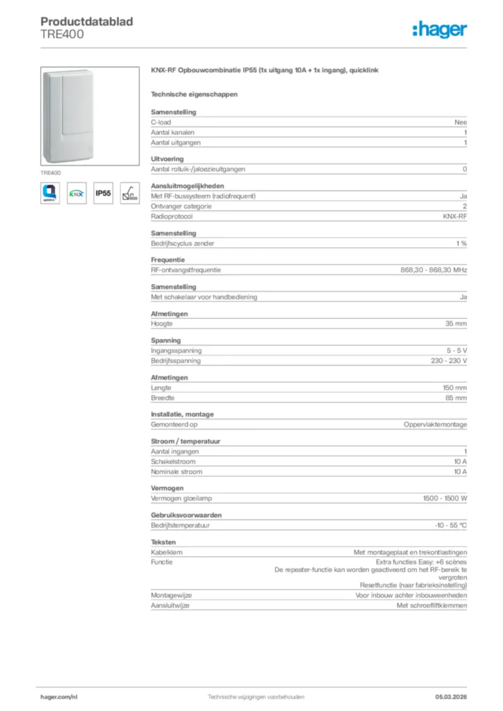 Afbeelding Hager Productdatablad TRE400 | Hager Nederland