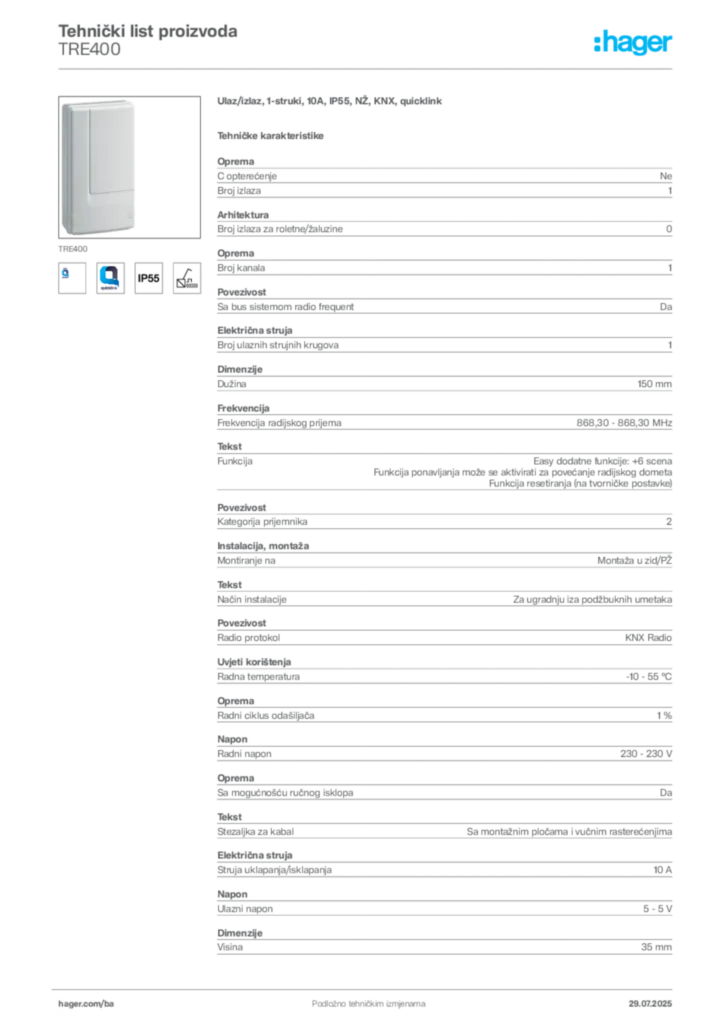 Slika Hager Product data sheet TRE400  | Hager