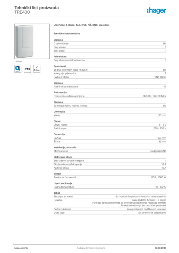 Slika Hager Tehnički list proizvoda TRE400  | Hager