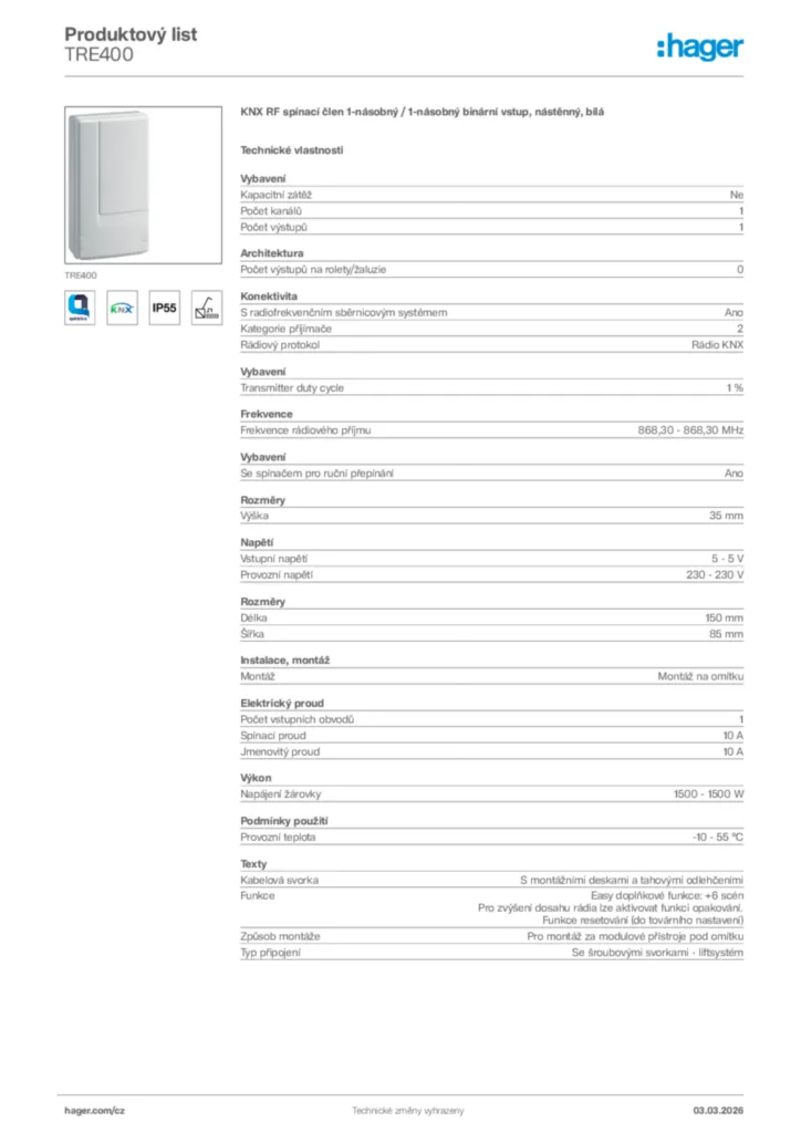 Obrázek Hager Product data sheet TRE400 | Hager