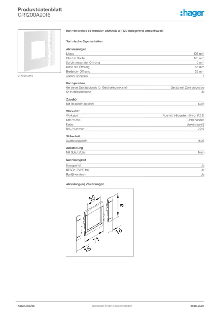 Bild Hager Produktdatenblatt GR1200A9016 | Hager Deutschland