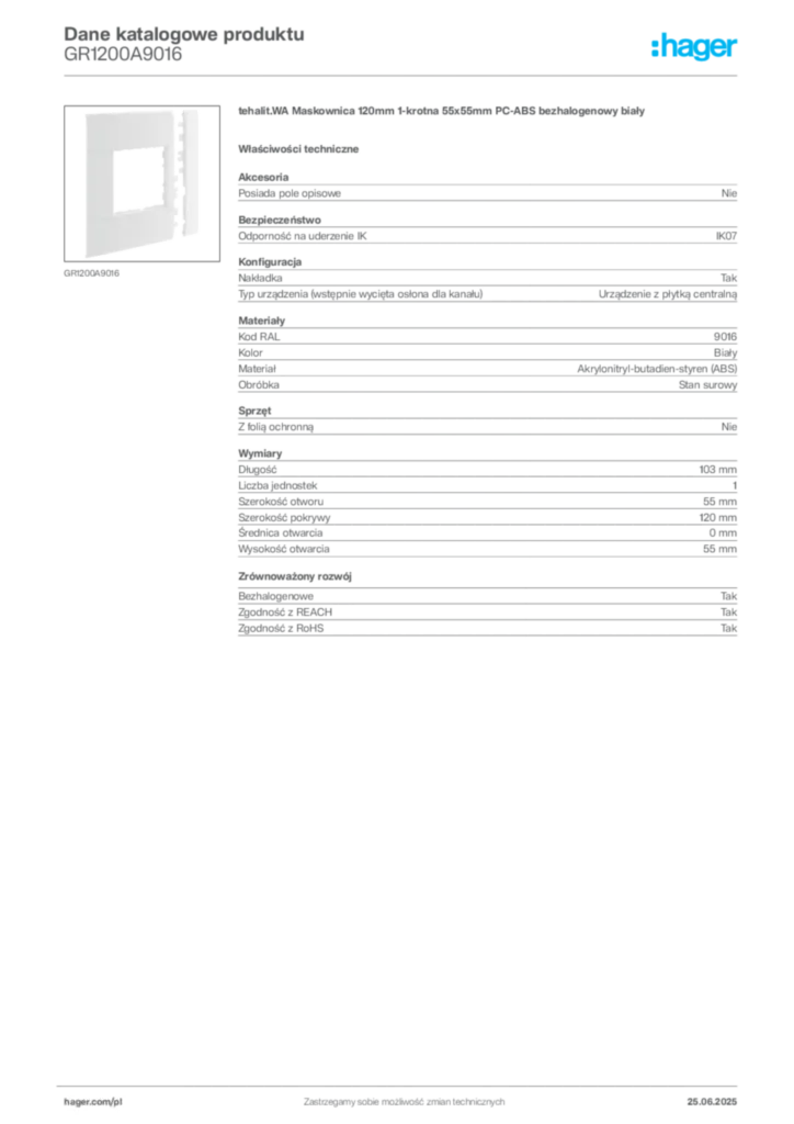 Zdjęcie Hager Karta katalogowa GR1200A9016 | Hager Polska