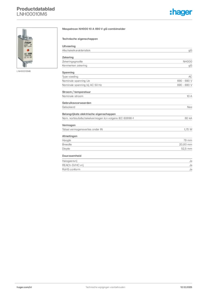 Afbeelding Hager Productdatablad LNH00010M6 | Hager Nederland