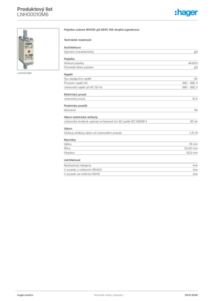 Obrázek Hager Product data sheet LNH00010M6 | Hager