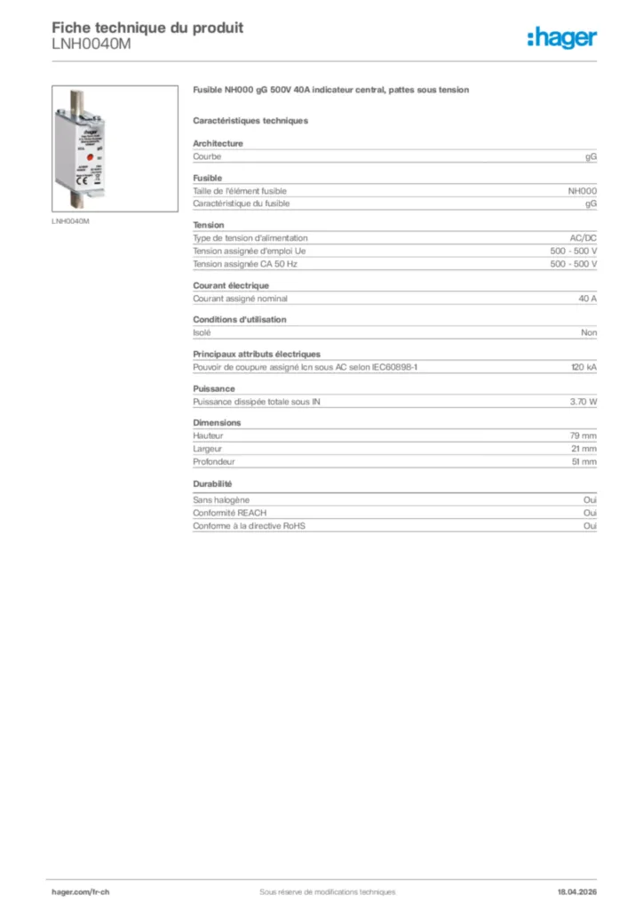 Image Hager Fiche technique du produit LNH0040M | Hager Suisse