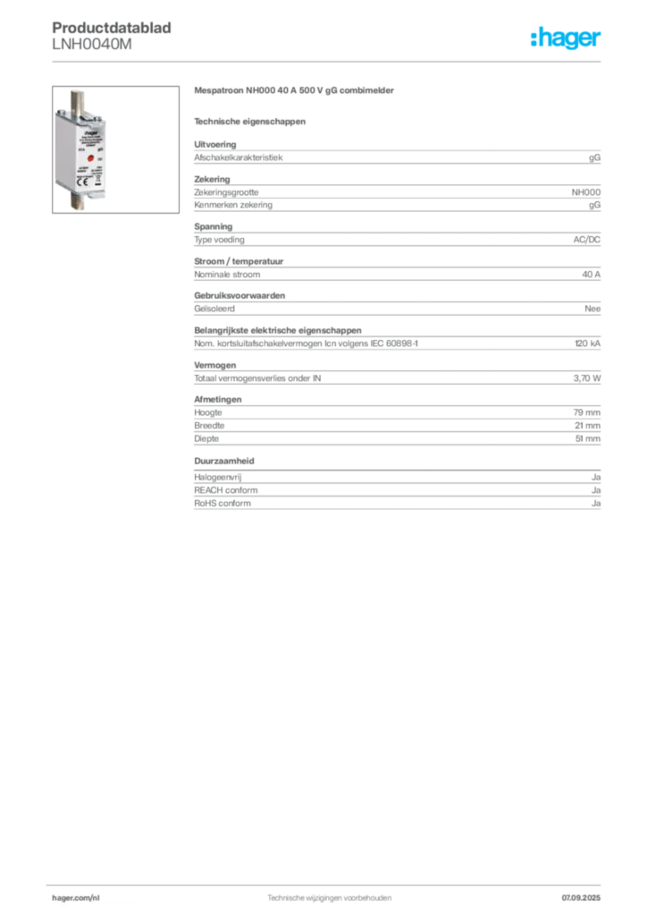 Afbeelding Hager Productdatablad LNH0040M | Hager Nederland