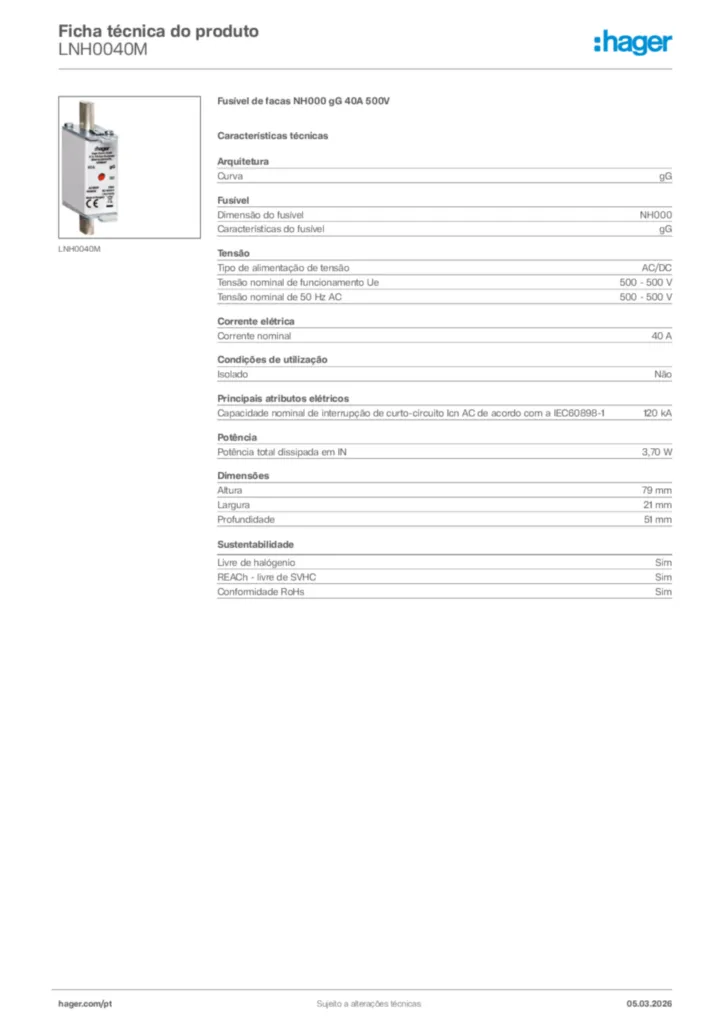 Imagem Hager Ficha técnica do produto LNH0040M | Hager Portugal