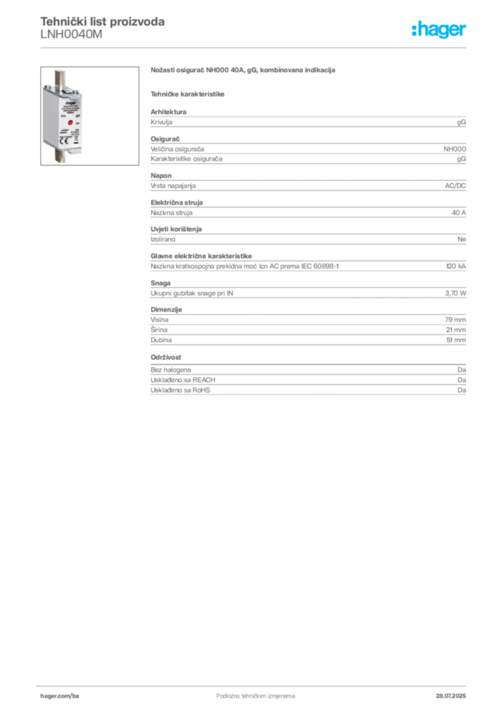 Slika Hager Product data sheet LNH0040M  | Hager
