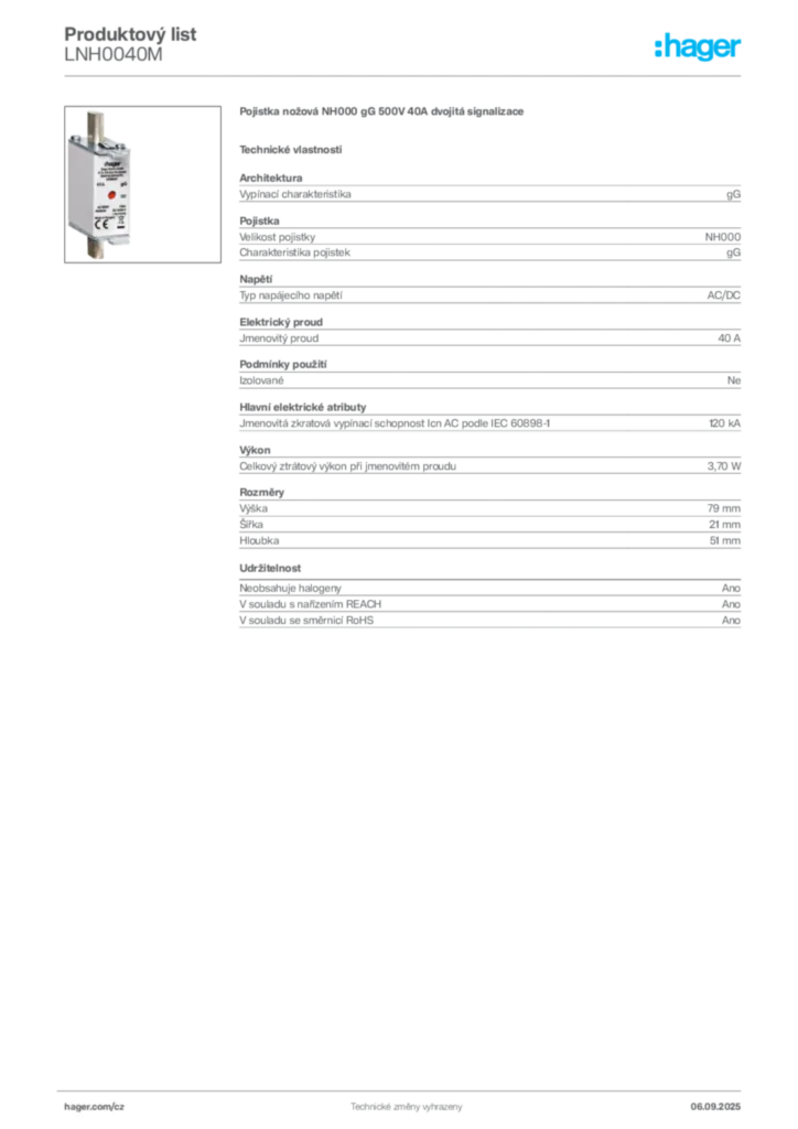 Obrázek Hager Produktový list LNH0040M | Hager