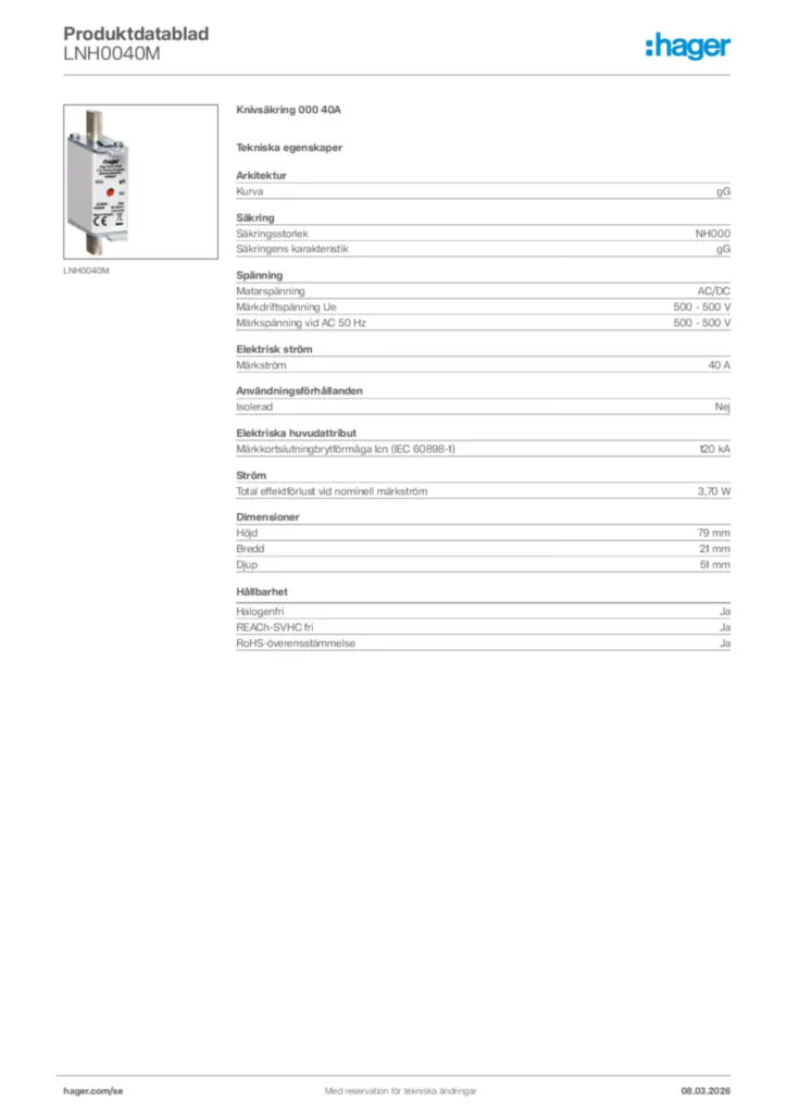 Bild Hager Produktdatablad LNH0040M | Hager Sverige