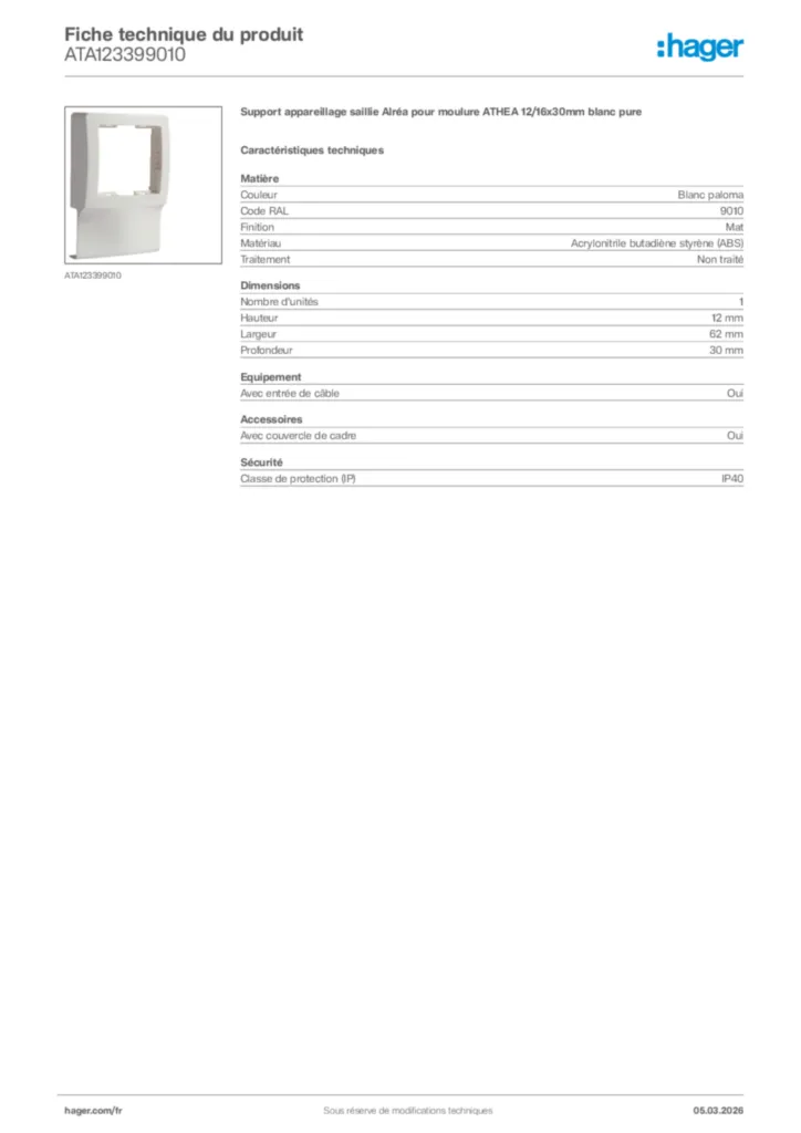 Image Hager Fiche technique du produit ATA123399010 | Hager France
