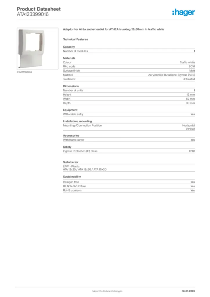 Image Hager Product data sheet ATA123399016  | Hager Africa