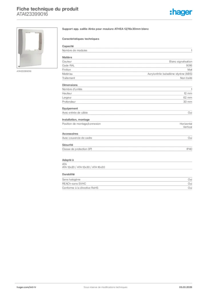 Image Hager Fiche technique du produit ATA123399016 | Hager Afrique