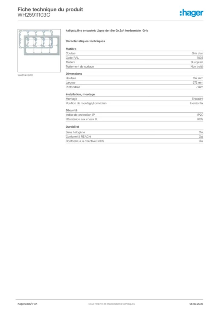 Image Hager Fiche technique du produit WH25911103C | Hager Suisse