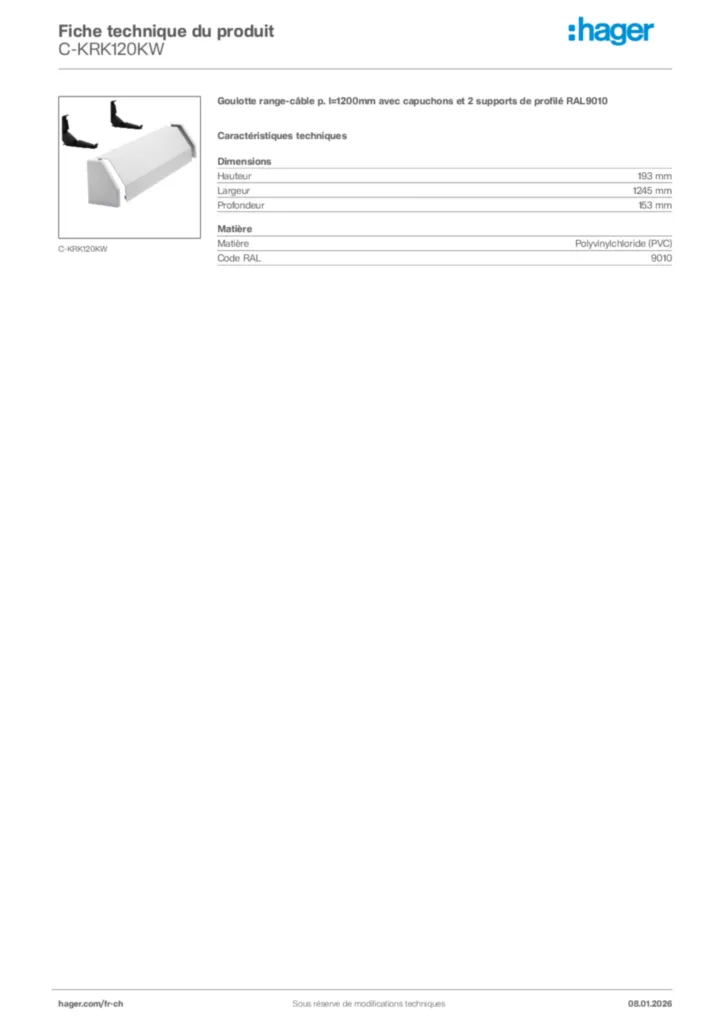 Image Hager Fiche technique du produit C-KRK120KW | Hager Suisse