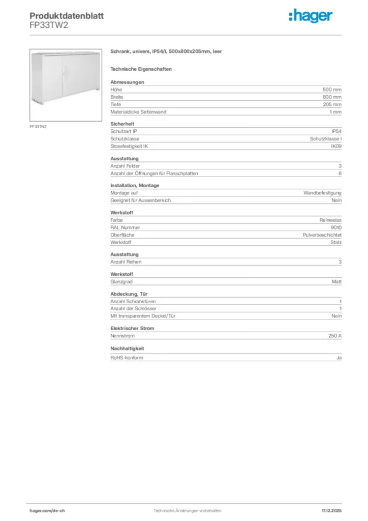 Bild Hager Produktdatenblatt FP33TW2 | Hager Schweiz