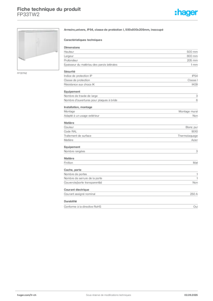 Image Hager Fiche technique du produit FP33TW2 | Hager Suisse