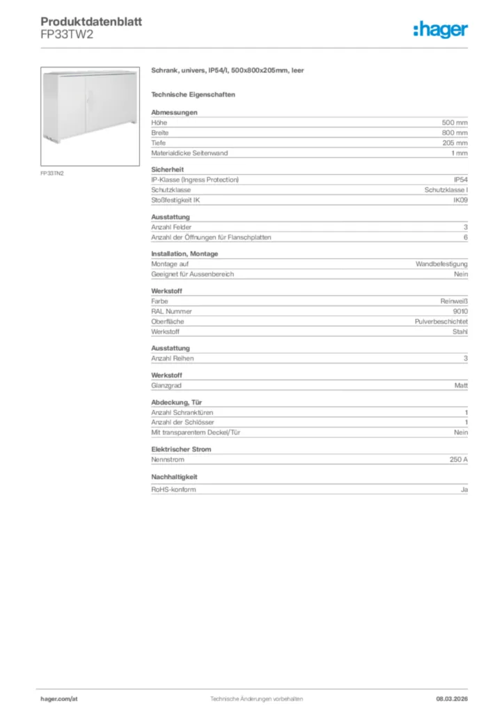 Bild Hager Produktdatenblatt FP33TW2 | Hager Deutschland